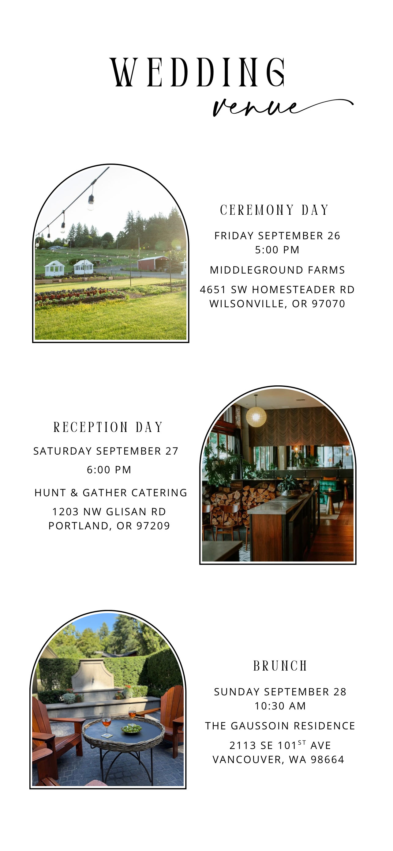 Wedding Venues - Ceremony at Middleground Farms, Reception at Hunt & Gather Catering, Brunch at Gaussoin Residence